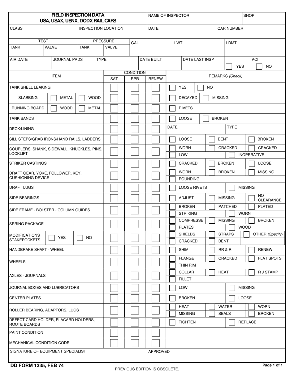 DD Form 1335 Inspection Report for Railway Cars, Page 1