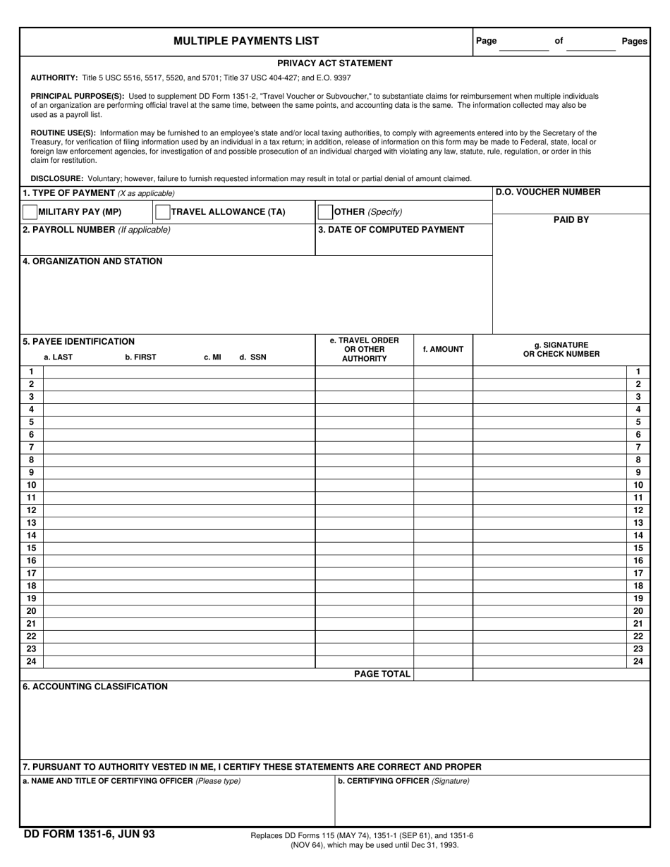 DD Form 1351-6 Multiple Payments List, Page 1
