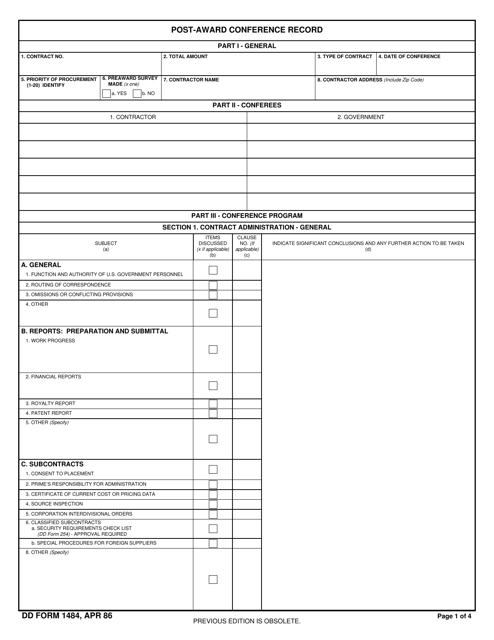 DD Form 1484  Printable Pdf