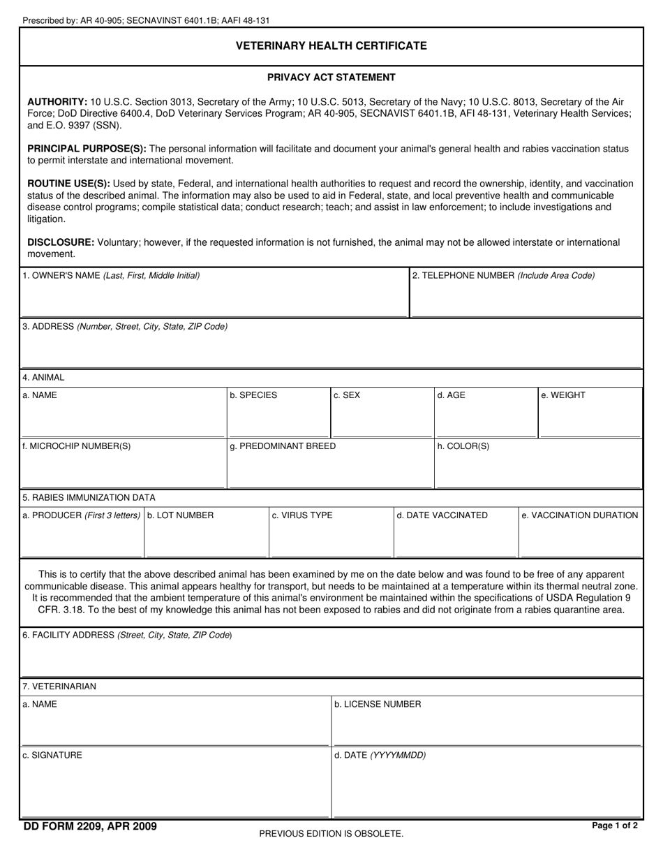 DD Form 2209 Veterinary Health Certificate, Page 1
