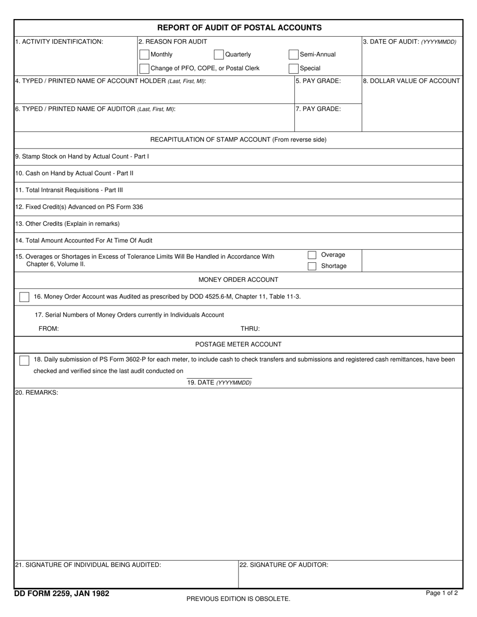DD Form 2259 Report of Audit of Postal Accounts, Page 1