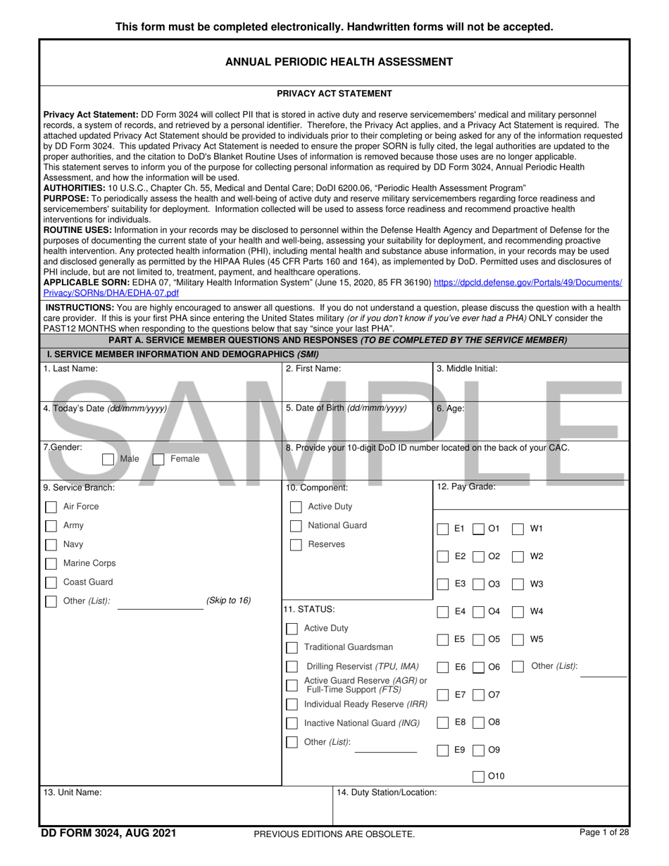 DD Form 3024 Annual Periodic Health Assessment - Sample, Page 1