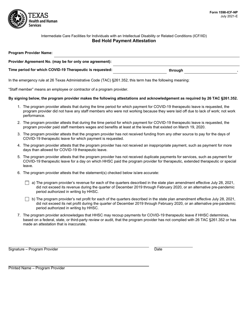 Form 1598-ICF-NP Bed Hold Payment Attestation - Texas, Page 1