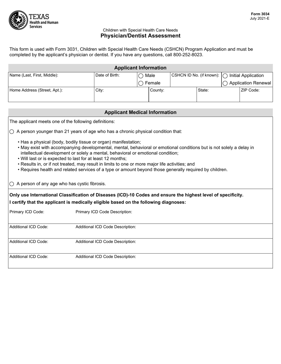 Form 3034 Physician / Dentist Assessment - Texas, Page 1