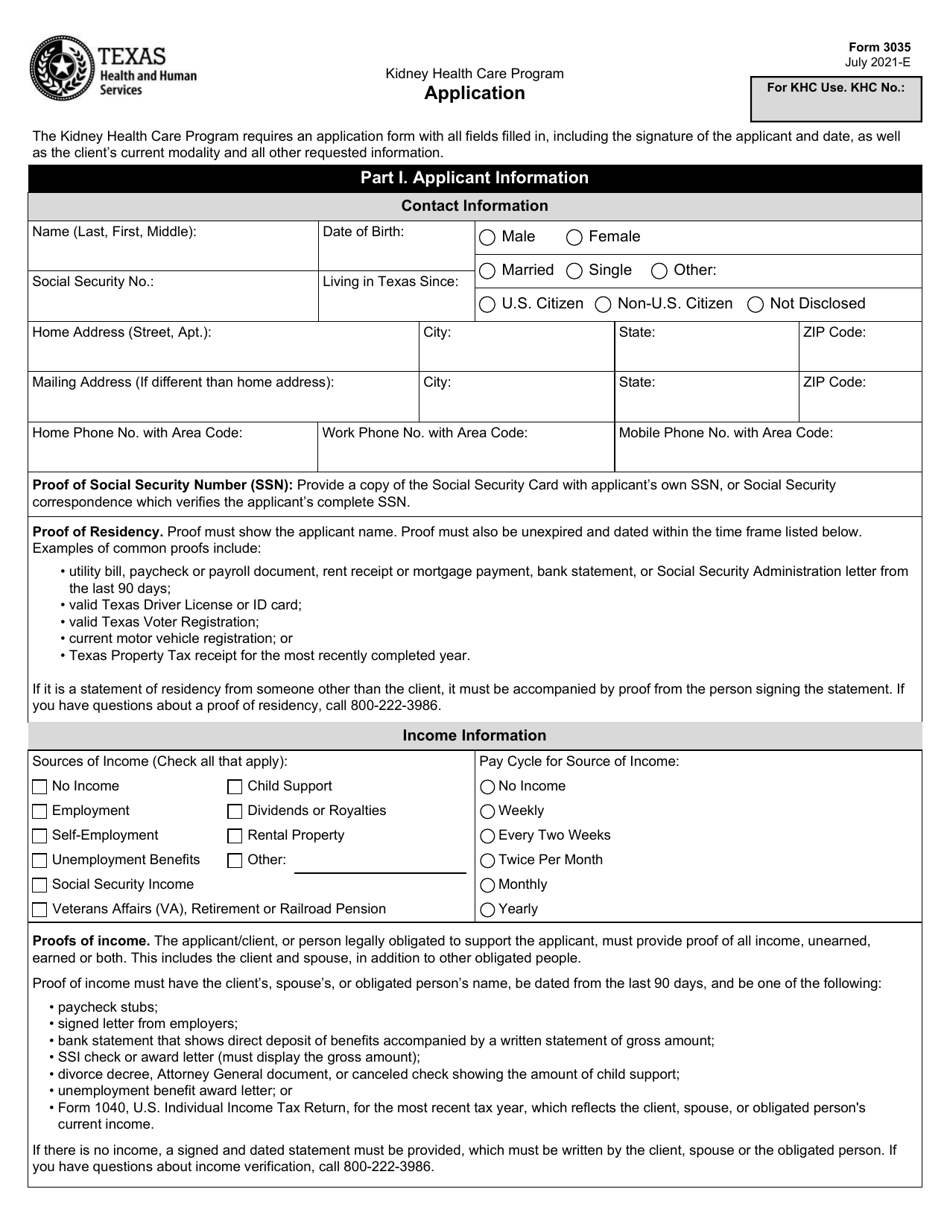 Form 3035 Kidney Health Care Program Application - Texas, Page 1
