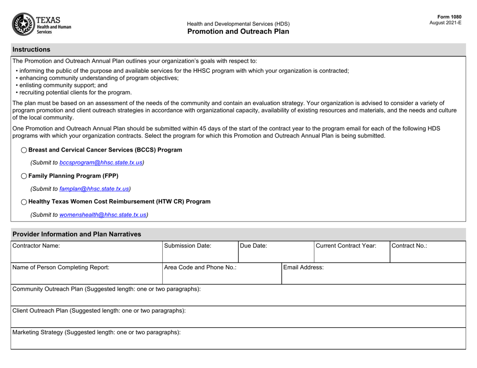Form 1080 Promotion and Outreach Plan - Texas, Page 1