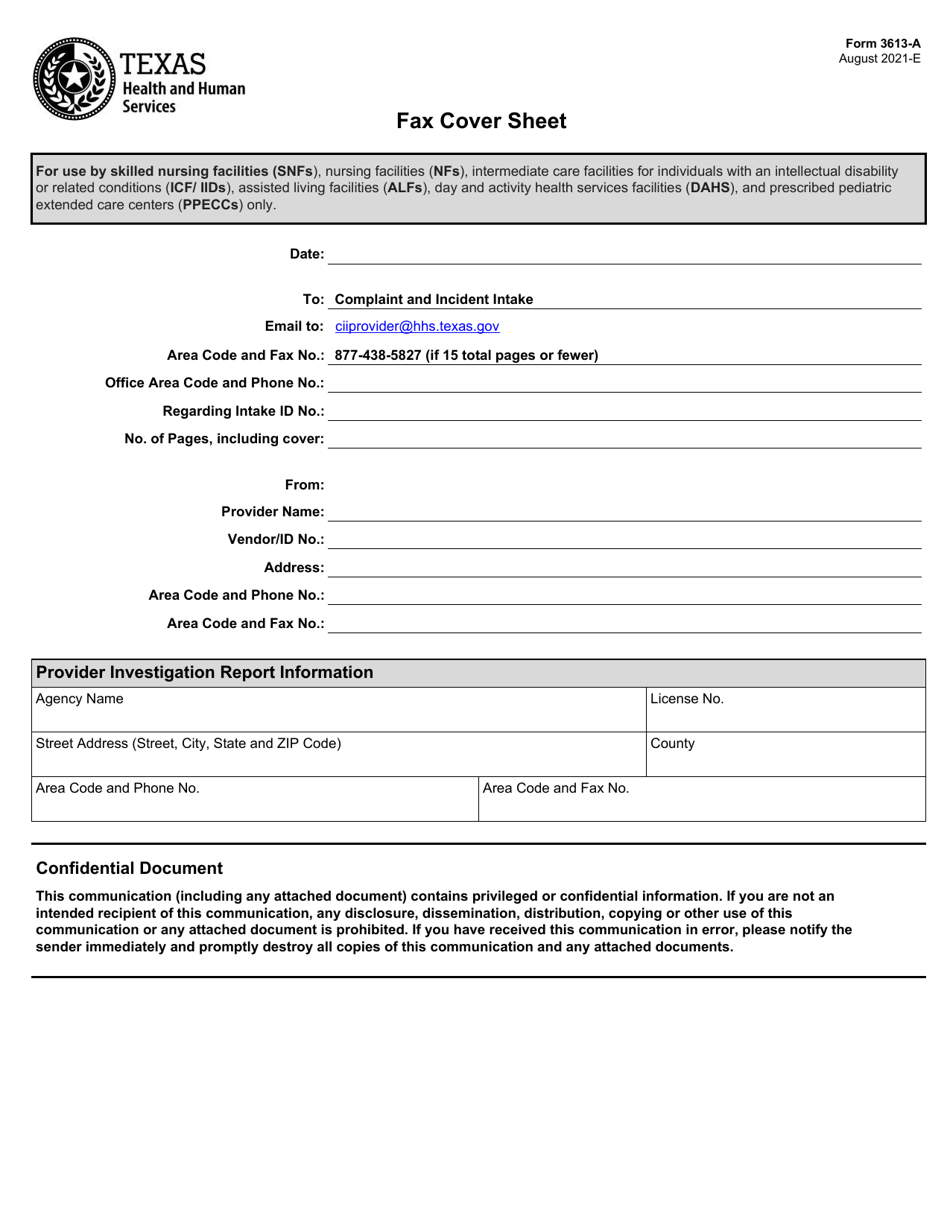 Form 3613-A Snf, Nf, Icf / Iid, Alf, Dahs and Ppecc Provider Investigation Report With Cover Sheet - Texas, Page 1