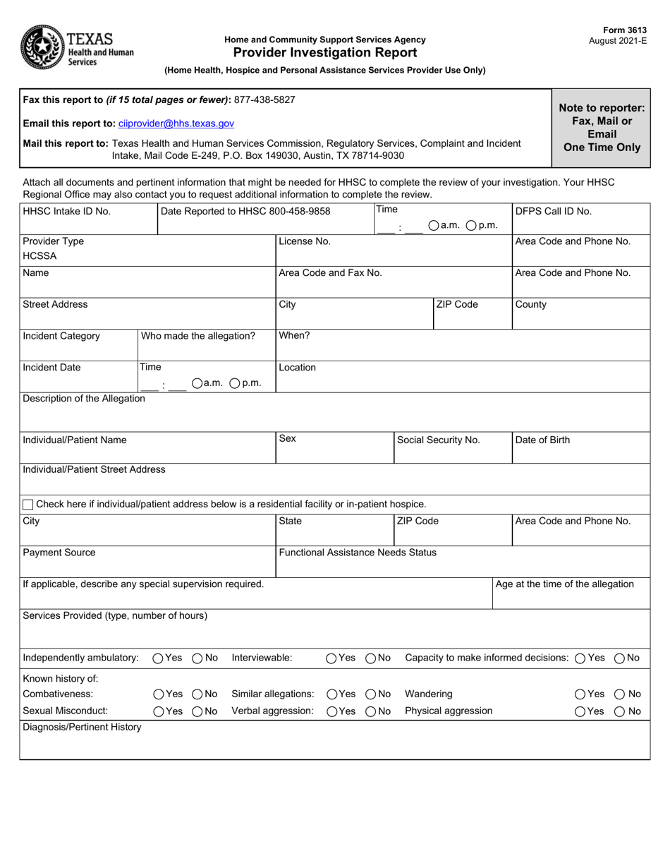 Form 3613 Provider Investigation Report With Fax Cover Sheet (Home Health, Hospice and Personal Assistance Services Provider Use Only) - Texas, Page 2