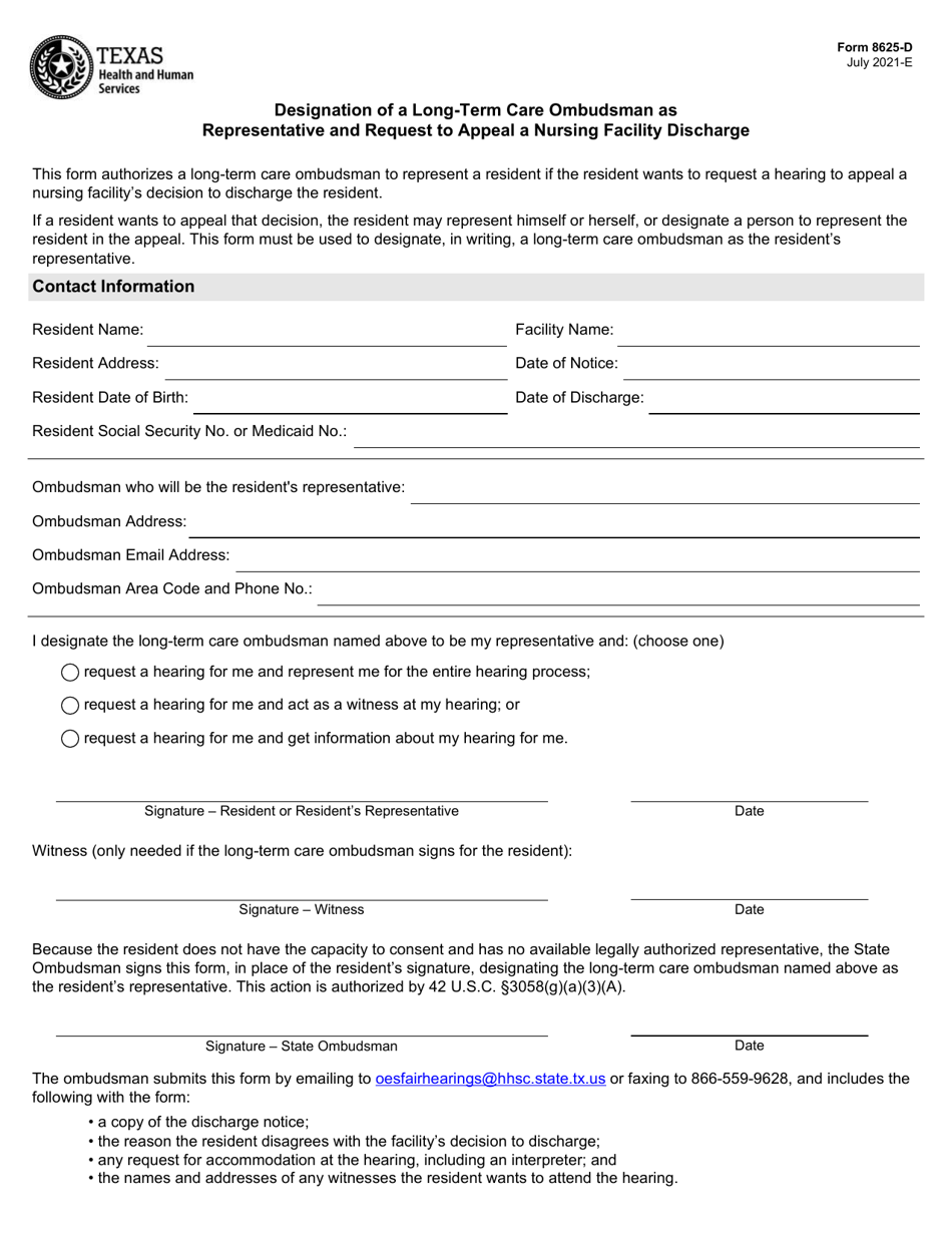 Form 8625-D Designation of a Long-Term Care Ombudsman as Representative and Request to Appeal a Nursing Facility Discharge - Texas, Page 1