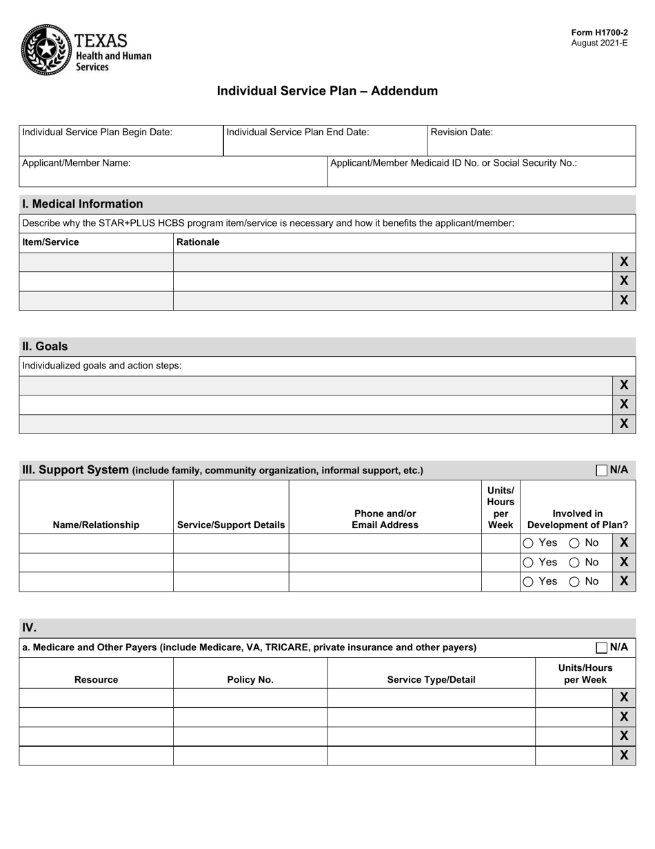 Form H1700-2 Individual Service Plan - Addendum - Texas, Page 1
