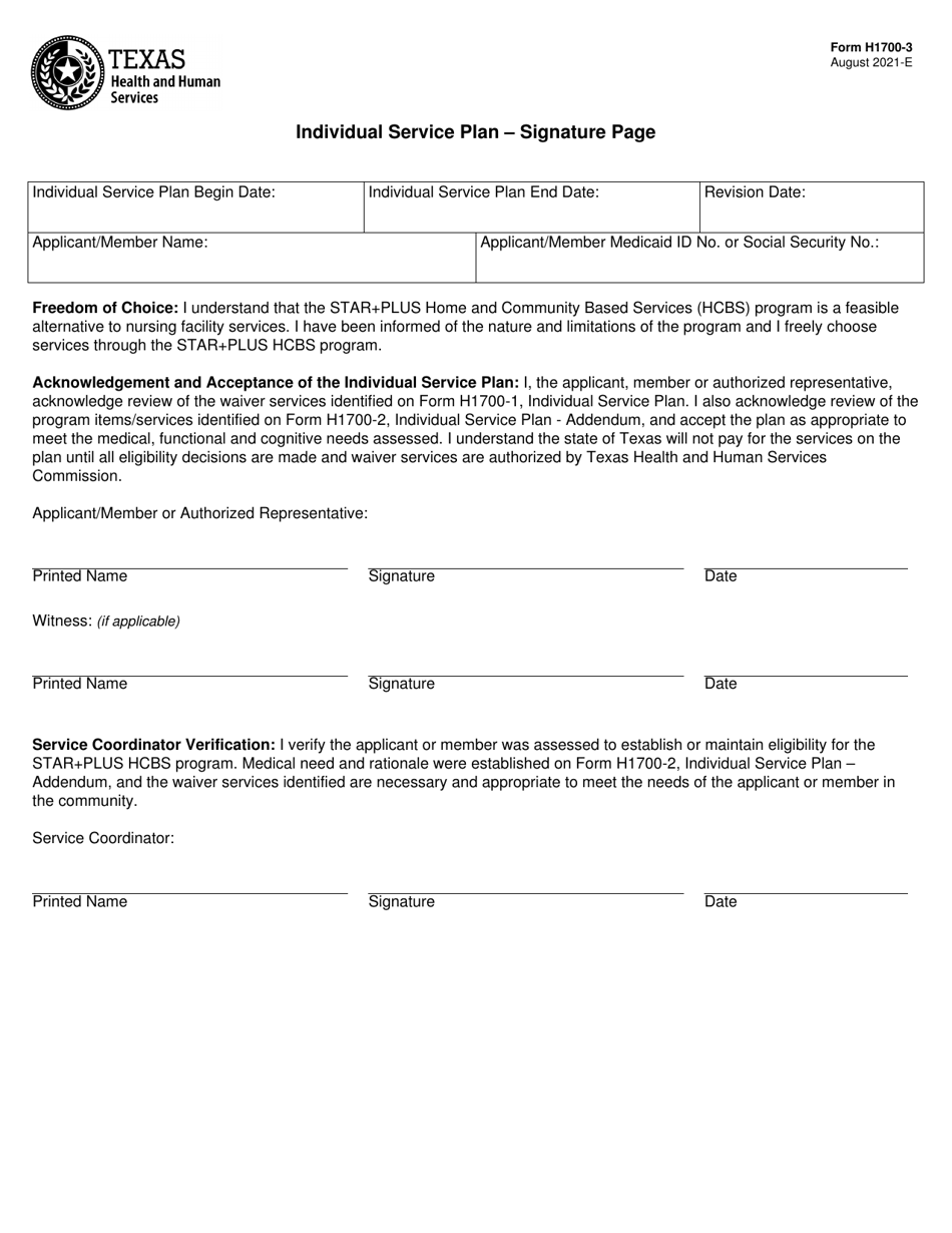 Form H1700-3 Individual Service Plan - Signature Page - Texas, Page 1