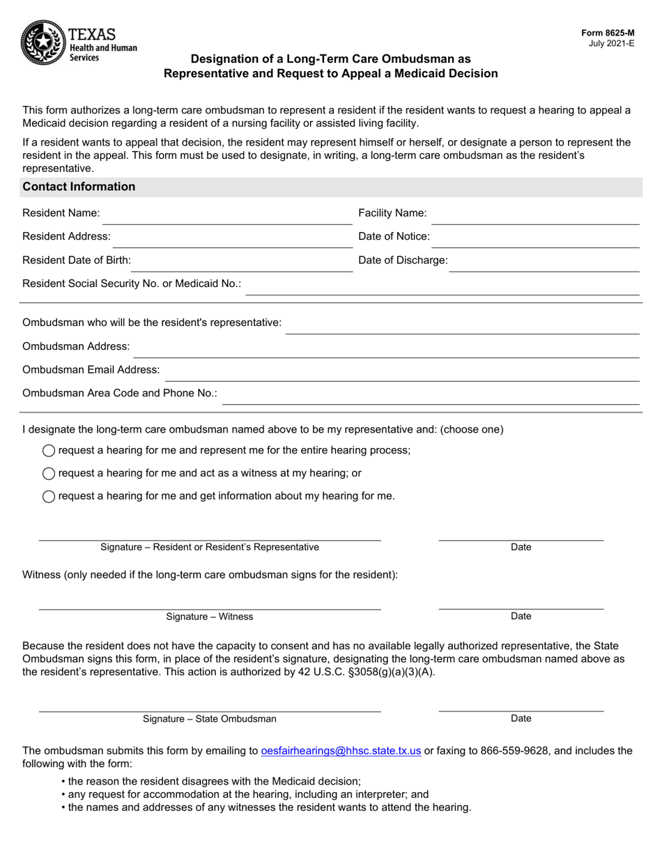 Form 8625-M Designation of a Long-Term Care Ombudsman as Representative and Request to Appeal a Medicaid Decision - Texas, Page 1
