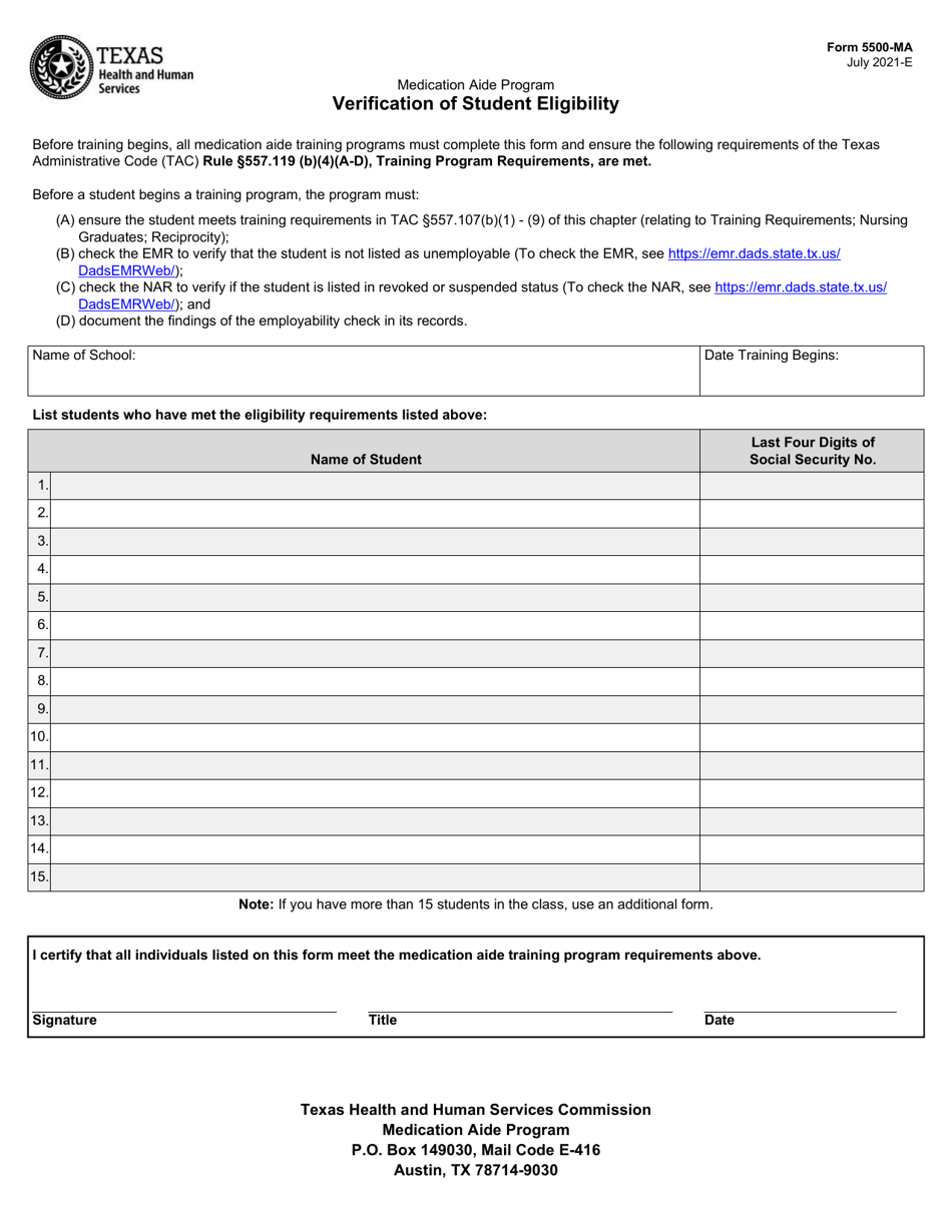 Form 5500-MA Verification of Student Eligibility - Texas, Page 1