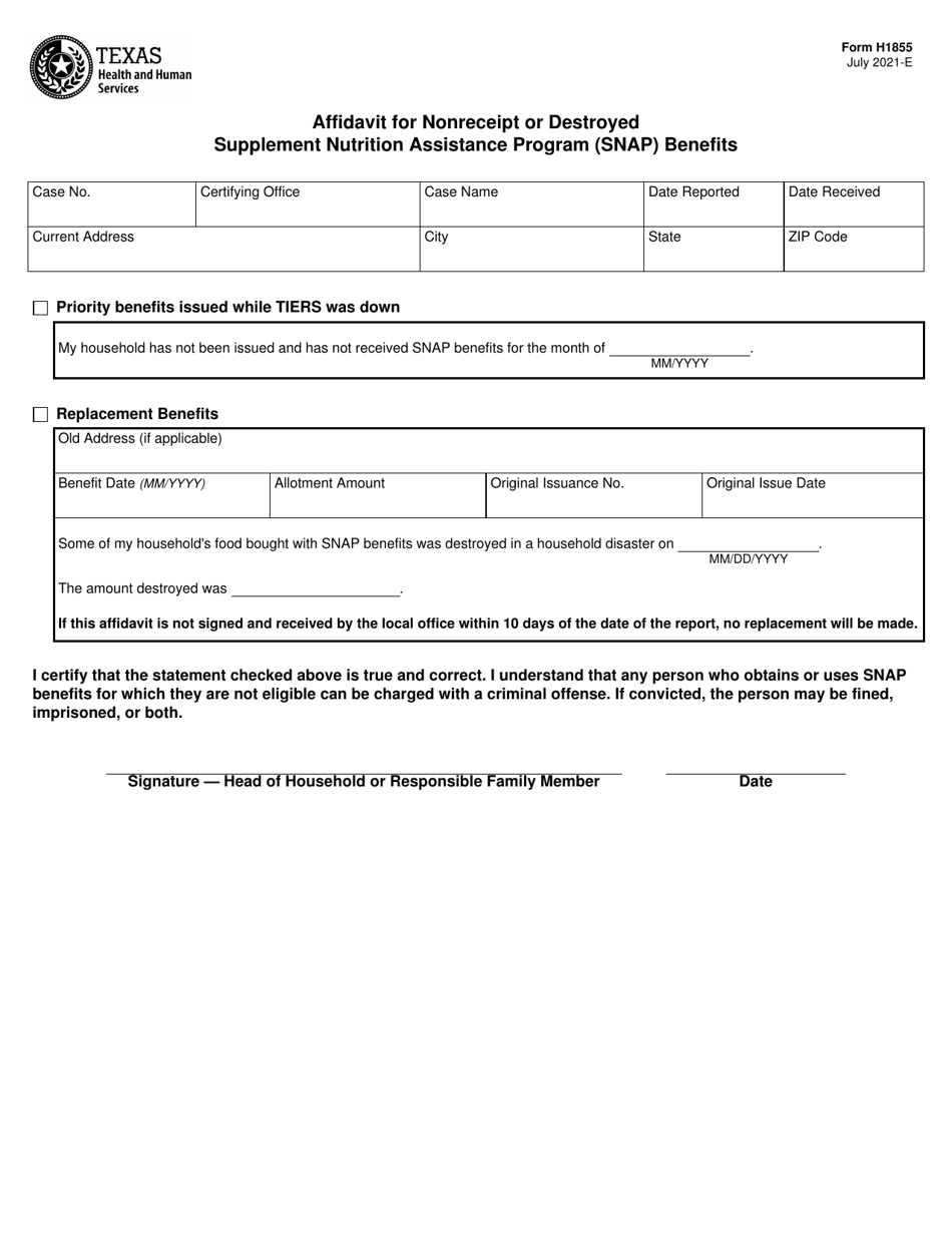 Form H1855 Affidavit for Nonreceipt or Destroyed Supplement Nutrition Assistance Program (Snap) Benefits - Texas, Page 1