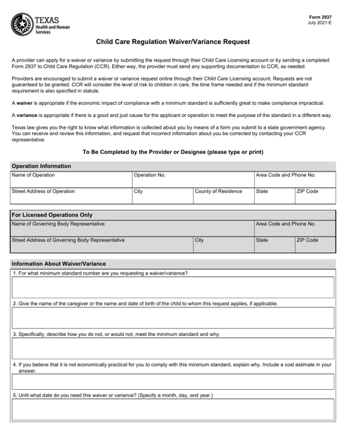 Form 2937 Child Care Regulation Waiver/Variance Request - Texas