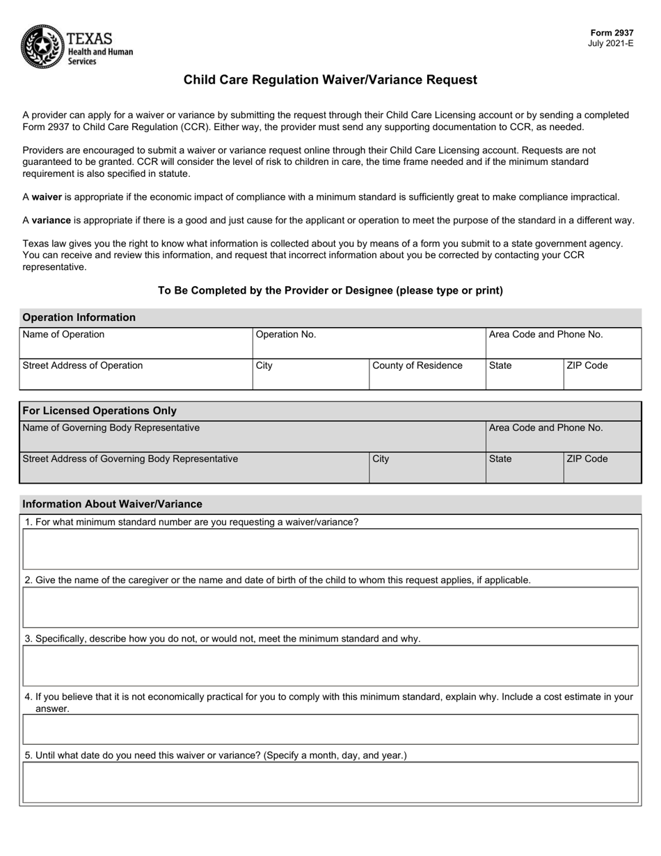 Form 2937 Download Fillable PDF or Fill Online Child Care Regulation