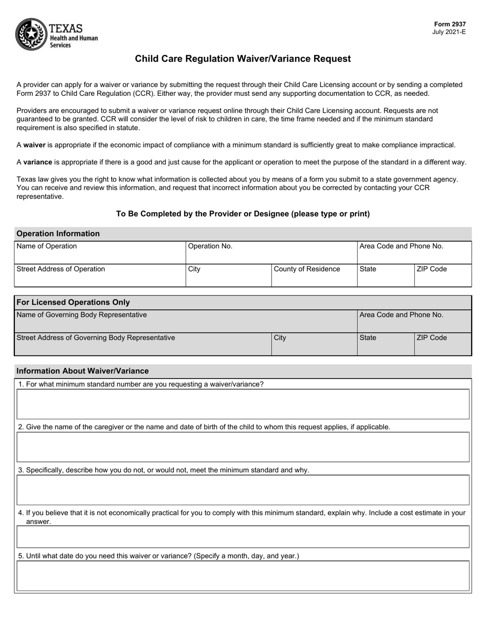 Form 2937 Child Care Regulation Waiver / Variance Request - Texas, Page 1