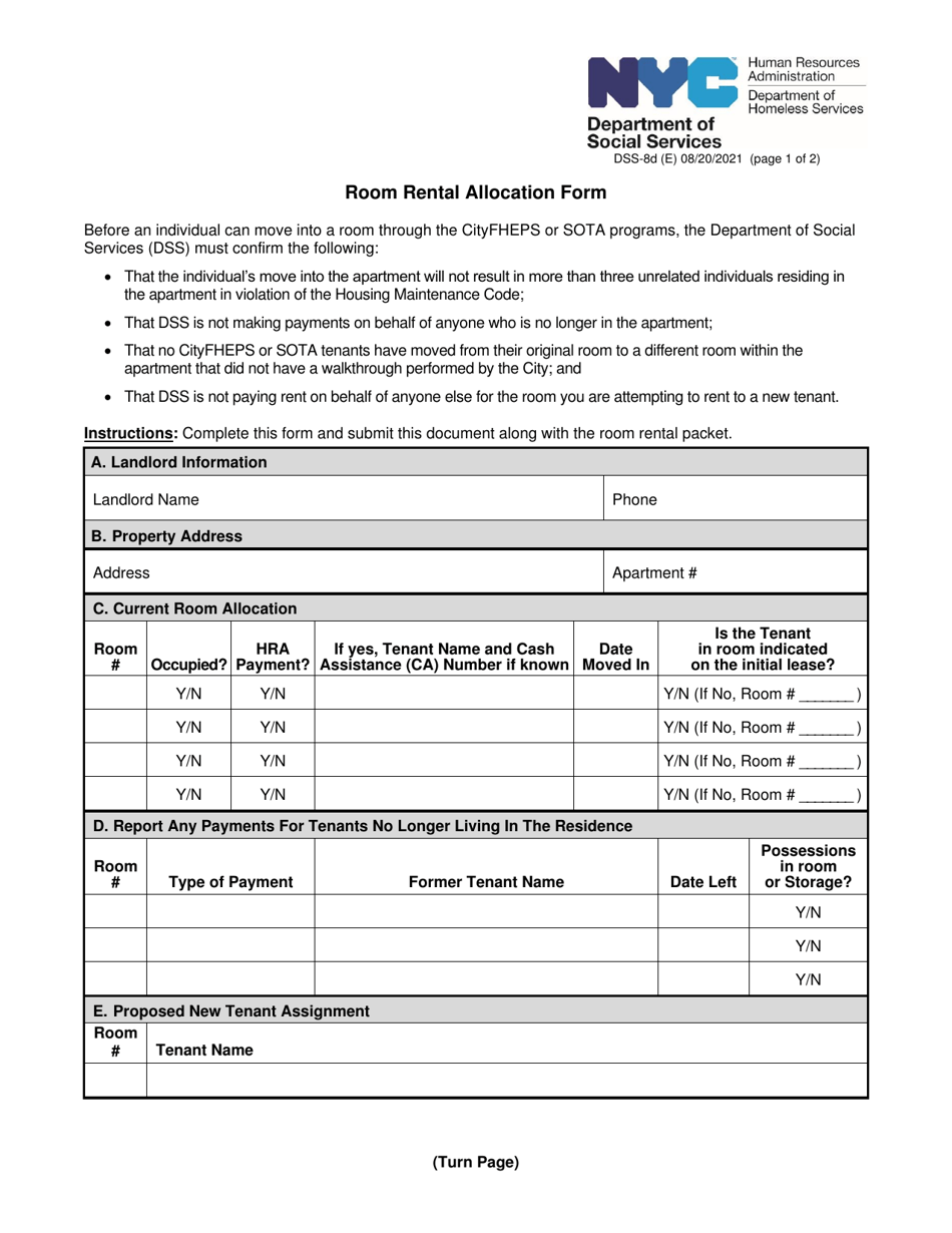Form DSS-8D Room Rental Allocation Form - New York City, Page 1