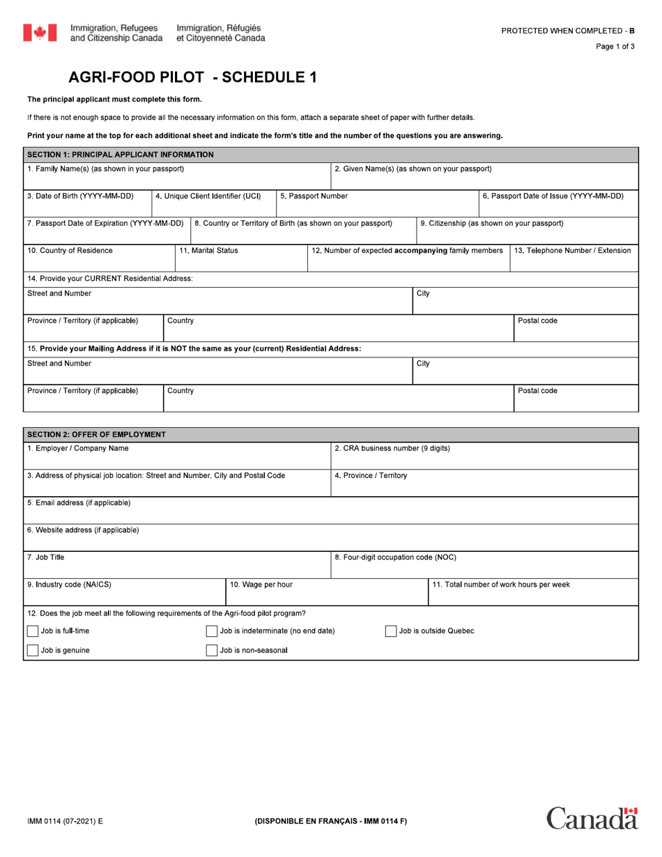 Form IMM0114 Schedule 1 Agri-Food Pilot - Canada, Page 1