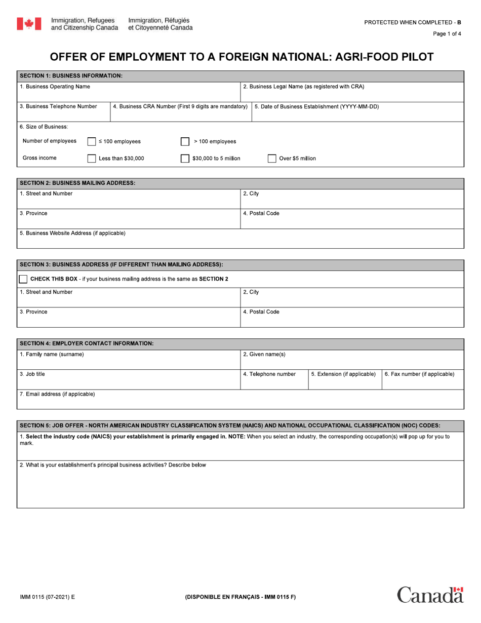 Form IMM0115 Offer of Employment to a Foreign National: Agri-Food Pilot - Canada, Page 1