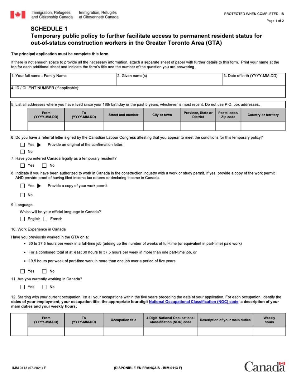 Form IMM0113 Schedule 1 Temporary Public Policy to Further Facilitate Access to Permanent Resident Status for out-Of-Status Construction Workers in the Greater Toronto Area (Gta) - Canada, Page 1