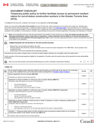 Document preview: Form IMM0123 Document Checklist: Temporary Public Policy to Further Facilitate Access to Permanent Resident Status for out-Of-Status Construction Workers in the Greater Toronto Area (Gta) - Canada