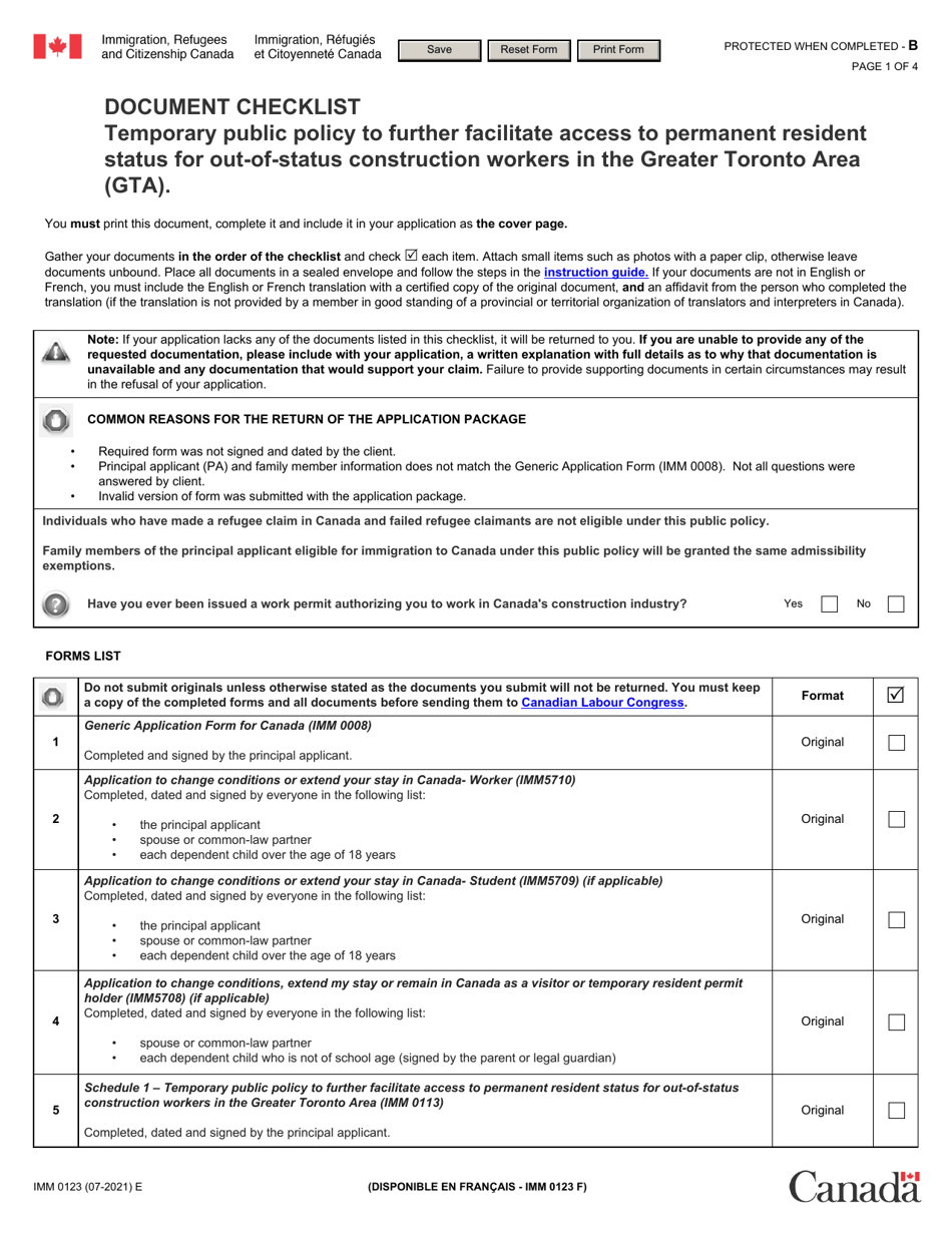 Form IMM0123 Document Checklist: Temporary Public Policy to Further Facilitate Access to Permanent Resident Status for out-Of-Status Construction Workers in the Greater Toronto Area (Gta) - Canada, Page 1