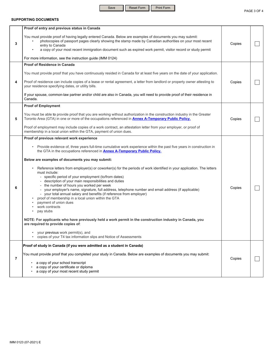 Form IMM0123 Document Checklist: Temporary Public Policy to Further Facilitate Access to Permanent Resident Status for out-Of-Status Construction Workers in the Greater Toronto Area (Gta) - Canada, Page 3