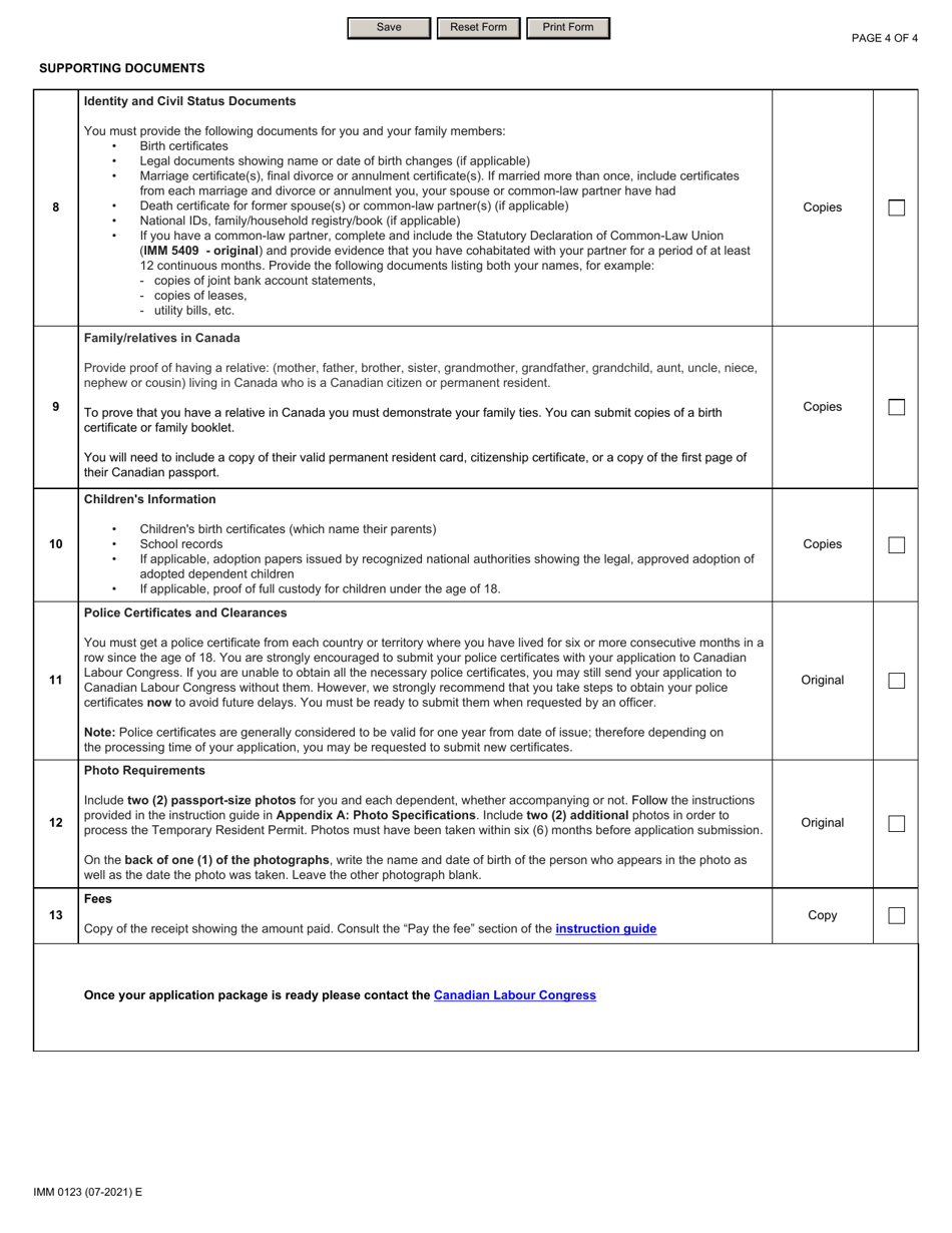 Form IMM0123 Document Checklist: Temporary Public Policy to Further Facilitate Access to Permanent Resident Status for out-Of-Status Construction Workers in the Greater Toronto Area (Gta) - Canada, Page 4