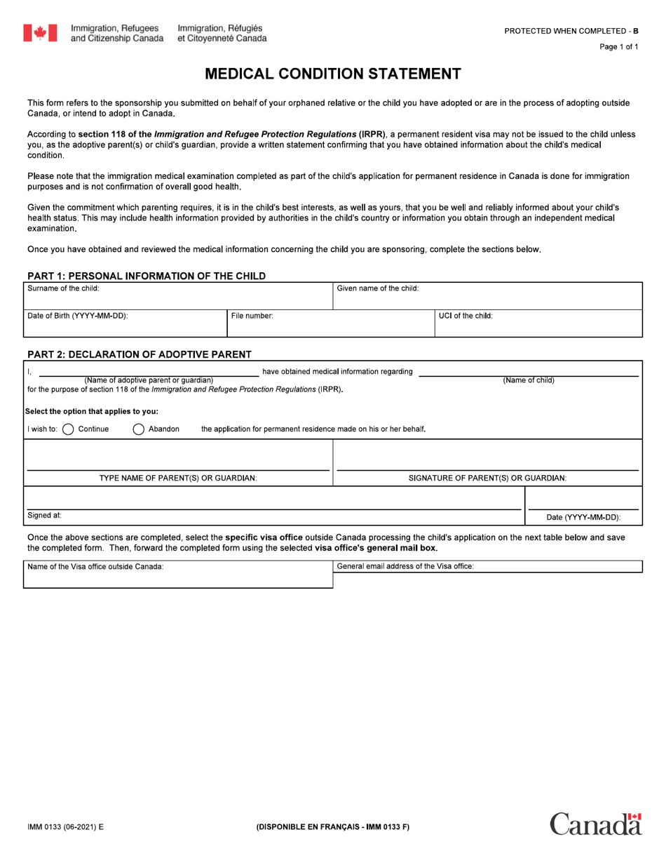 Form IMM0133 Medical Condition Statement - Canada, Page 1