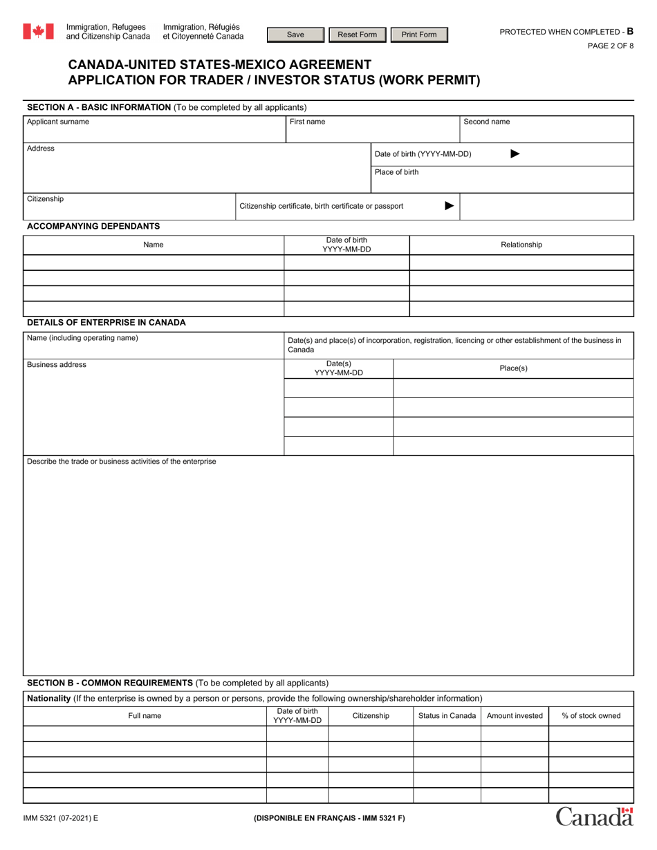 Form IMM5321 Canada-United States-Mexico Agreement - Application for Trader / Investor Status (Work Permit) - Canada, Page 2