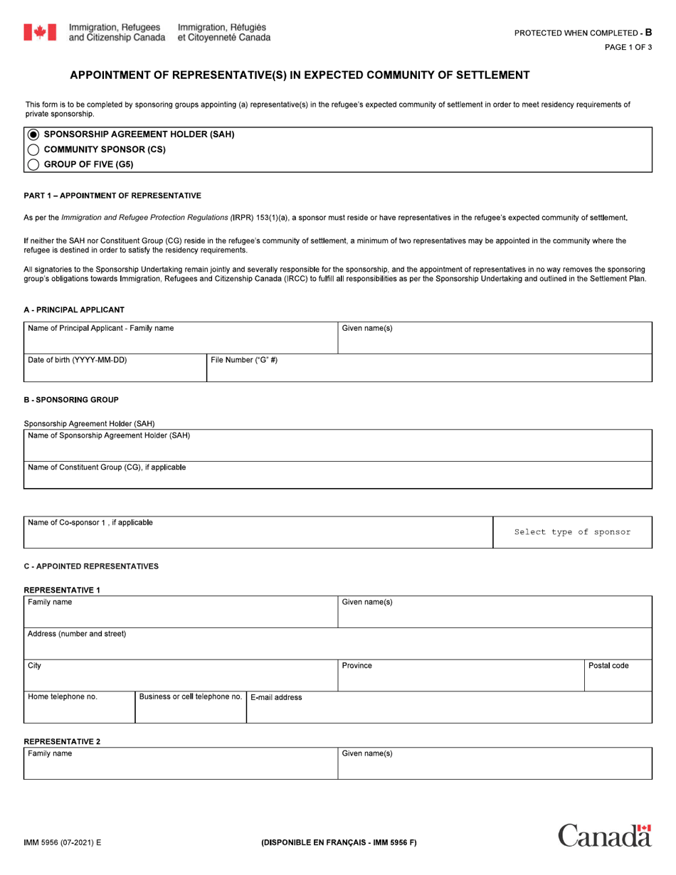 Form IMM5956 Appointment of Representative(S) in Expected Community of Settlement Form - Canada, Page 1