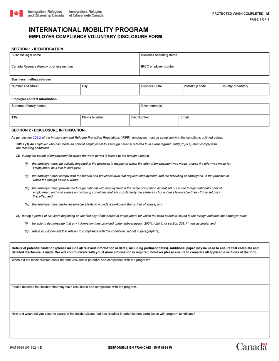 Form IMM5964 International Mobility Program Employer Compliance Voluntary Disclosure Form - Canada, Page 1