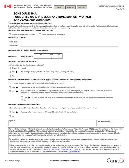 Form IMM5982 Schedule 19 A Home Child Care Provider or Home Support Worker - Education and Language Assessment - Canada