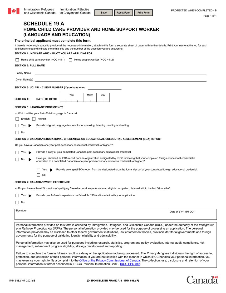 Form IMM5982 Schedule 19 A Download Fillable PDF Home Child Care   Form Imm5982 Schedule 19 A Home Child Care Provider Or Home Support Worker Education And Language Assessment Canada Print Big 