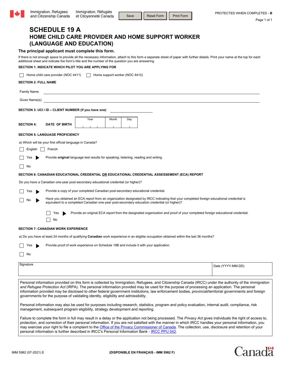 Form IMM5982 Schedule 19 A Home Child Care Provider or Home Support Worker - Education and Language Assessment - Canada, Page 1