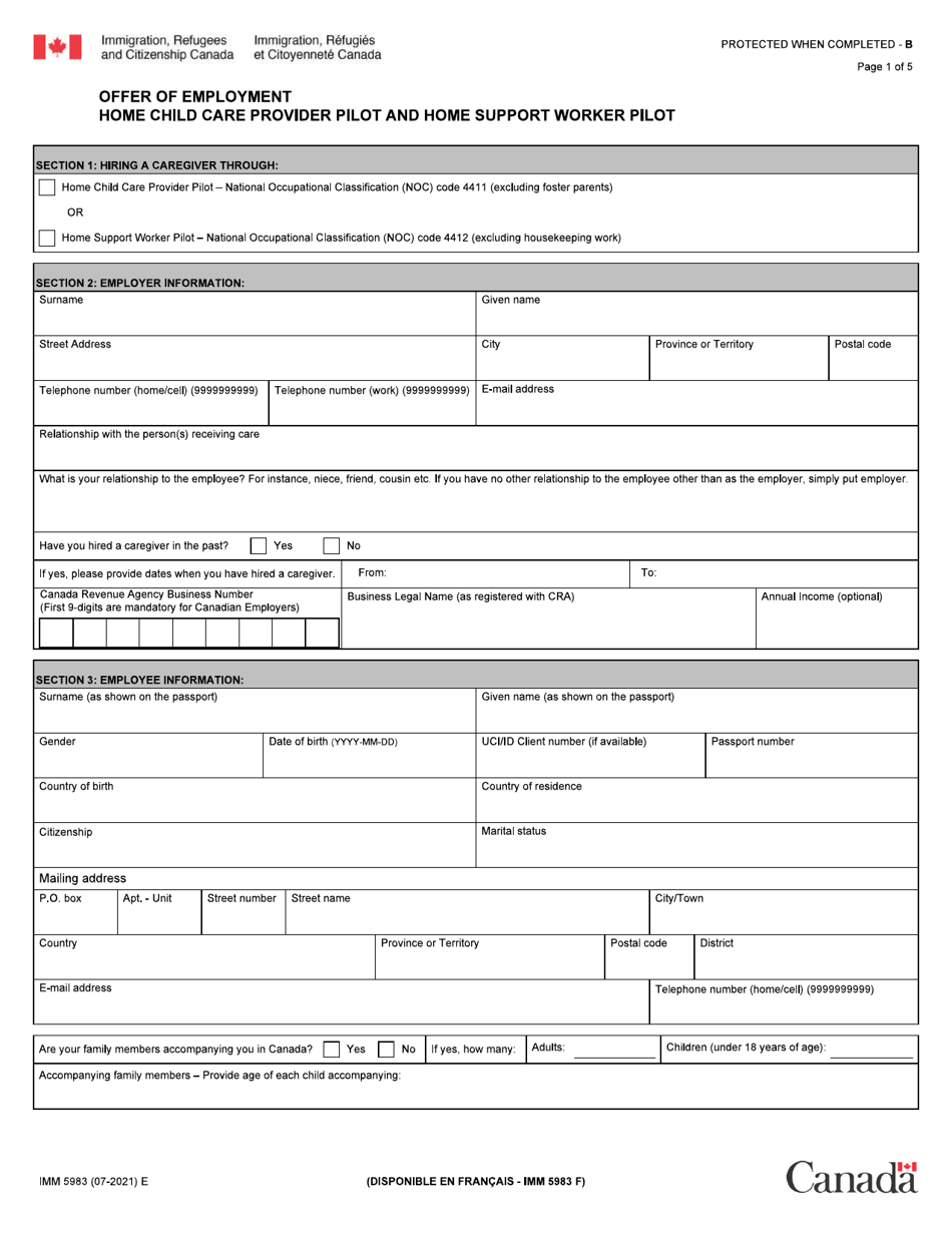 Form IMM5983 Offer of Employment: Home Child Care Provider or Home Support Worker - Canada, Page 1