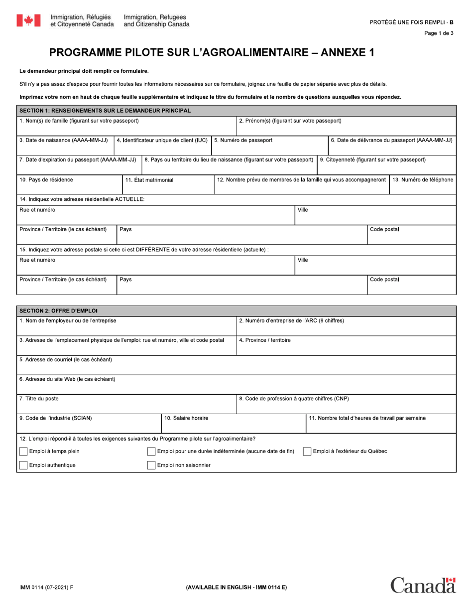 Forme IMM0114 Agenda 1 Programme Pilote Sur Lagroalimentaire - Canada (French), Page 1