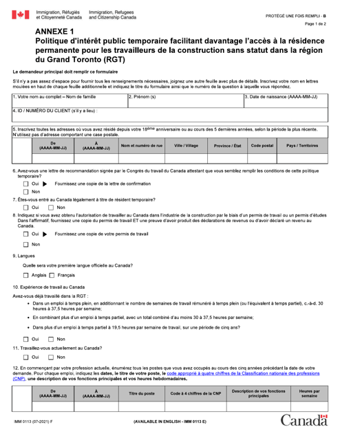 Forme IMM0113 Agenda 1 Politique D'interet Public Temporaire Facilitant Davantage L'acces a La Residence Permanente Pour Les Travailleurs De La Construction Sans Statut Dans La Region Du Grand Toronto (Rgt) - Canada (French)