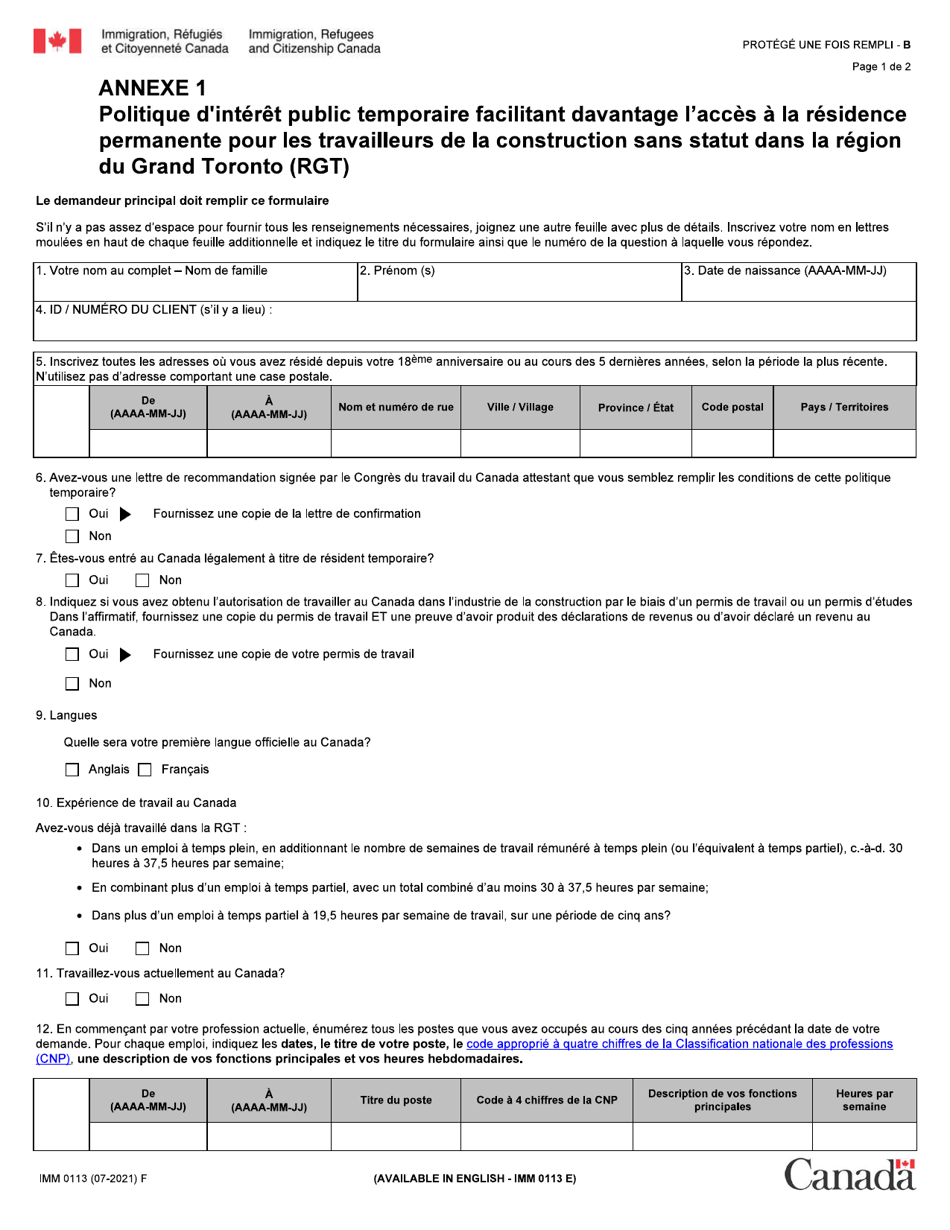 Forme IMM0113 Agenda 1 Politique Dinteret Public Temporaire Facilitant Davantage Lacces a La Residence Permanente Pour Les Travailleurs De La Construction Sans Statut Dans La Region Du Grand Toronto (Rgt) - Canada (French), Page 1