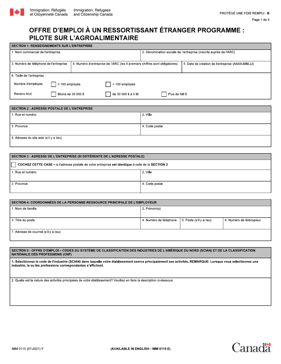 Forme IMM0115 Offre Demploi a Un Ressortissant Etranger: Programme Pilote Sur Lagroalimentaire - Canada (French), Page 1