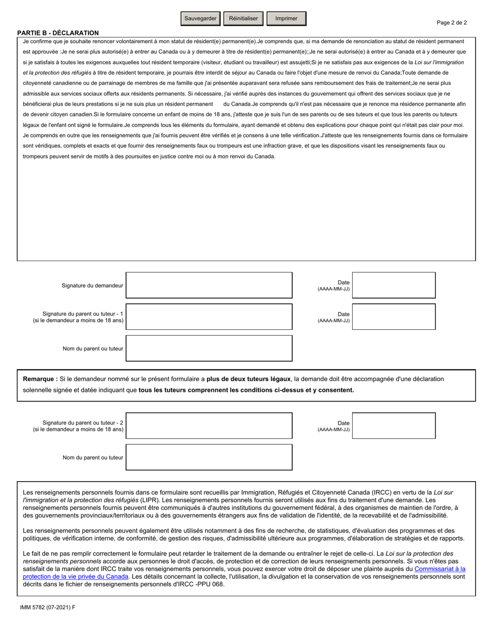 Forme IMM5782 Demande De Renonciation Volontaire Au Statut De Resident Permanent - Canada (French), Page 2