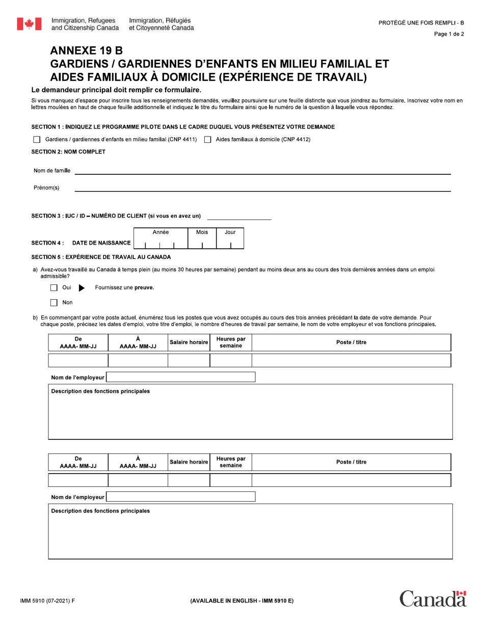 Forme IMM5910 Agenda 19B Gardiens / Gardiennes Denfants En Milleu Familial Ou Aides Familiaux a Domicile (Experience De Travail) - Canada (French), Page 1
