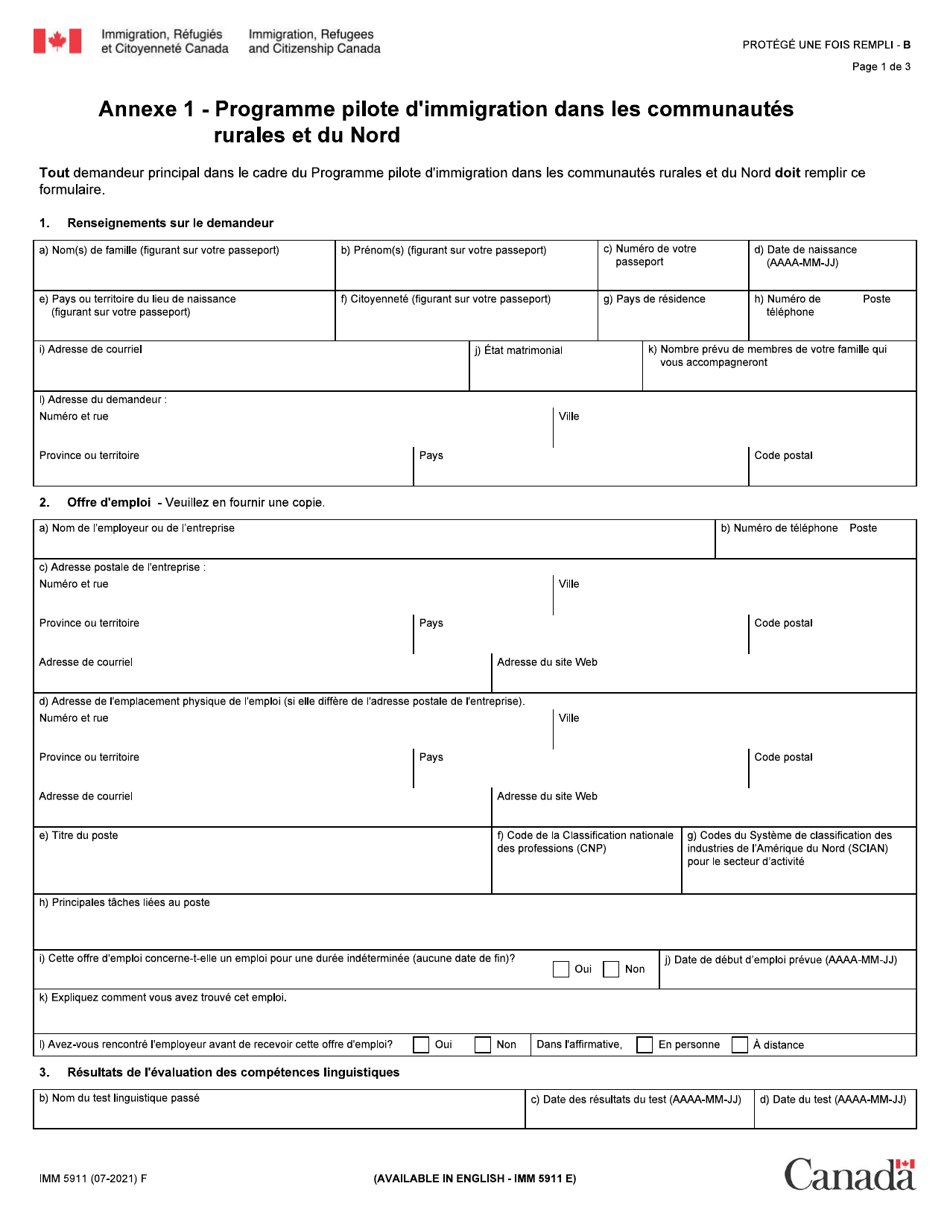 Forme IMM5911 Agenda 1 Programme Pilote Dimmigration Dans Les Communautes Rurales Et Du Nord - Canada (French), Page 1