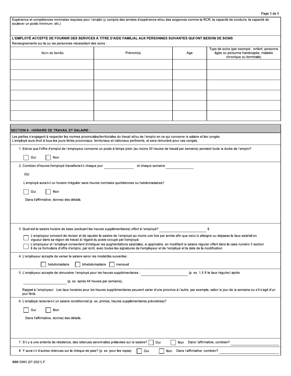 Forme IMM5983 Formulaire Doffre Demploi: Programmes Pilotes DES Gardiens / Gardiennes Denfants En Milieu Familial Et Aides Familiaux a Domicile - Canada (French), Page 3