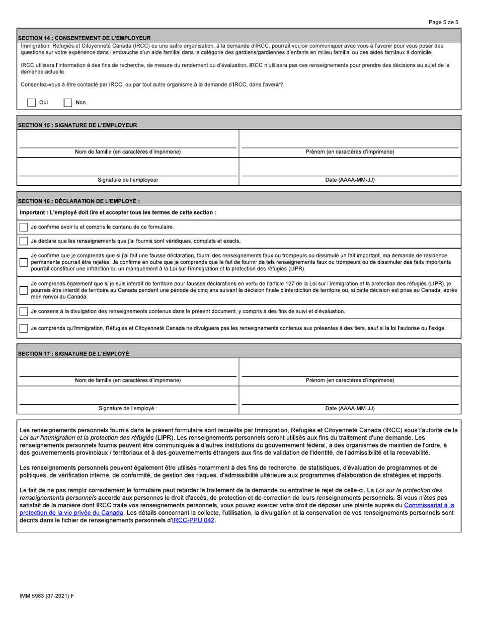 Forme IMM5983 Formulaire Doffre Demploi: Programmes Pilotes DES Gardiens / Gardiennes Denfants En Milieu Familial Et Aides Familiaux a Domicile - Canada (French), Page 5