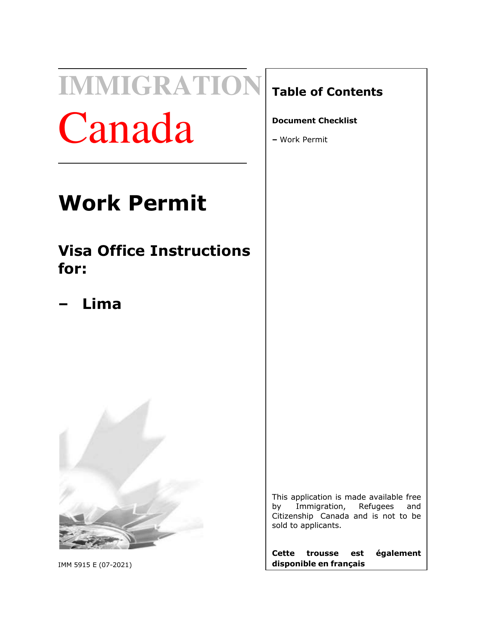 Form IMM5915 Application for a Work Permit - Checklist - Lima - Canada