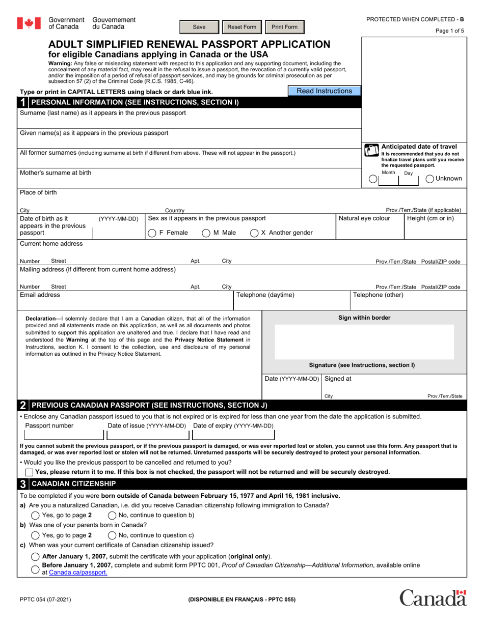 Form PPTC054 Adult Simplified Renewal Passport Application for Eligible Canadians Applying in Canada or the Usa - Canada, Page 1