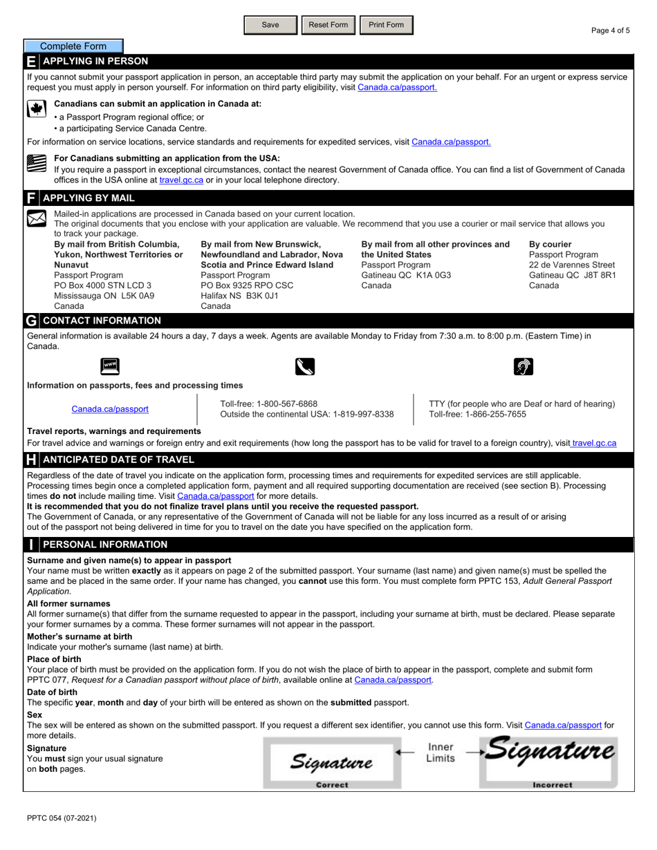 Form PPTC054 Adult Simplified Renewal Passport Application for Eligible Canadians Applying in Canada or the Usa - Canada, Page 4
