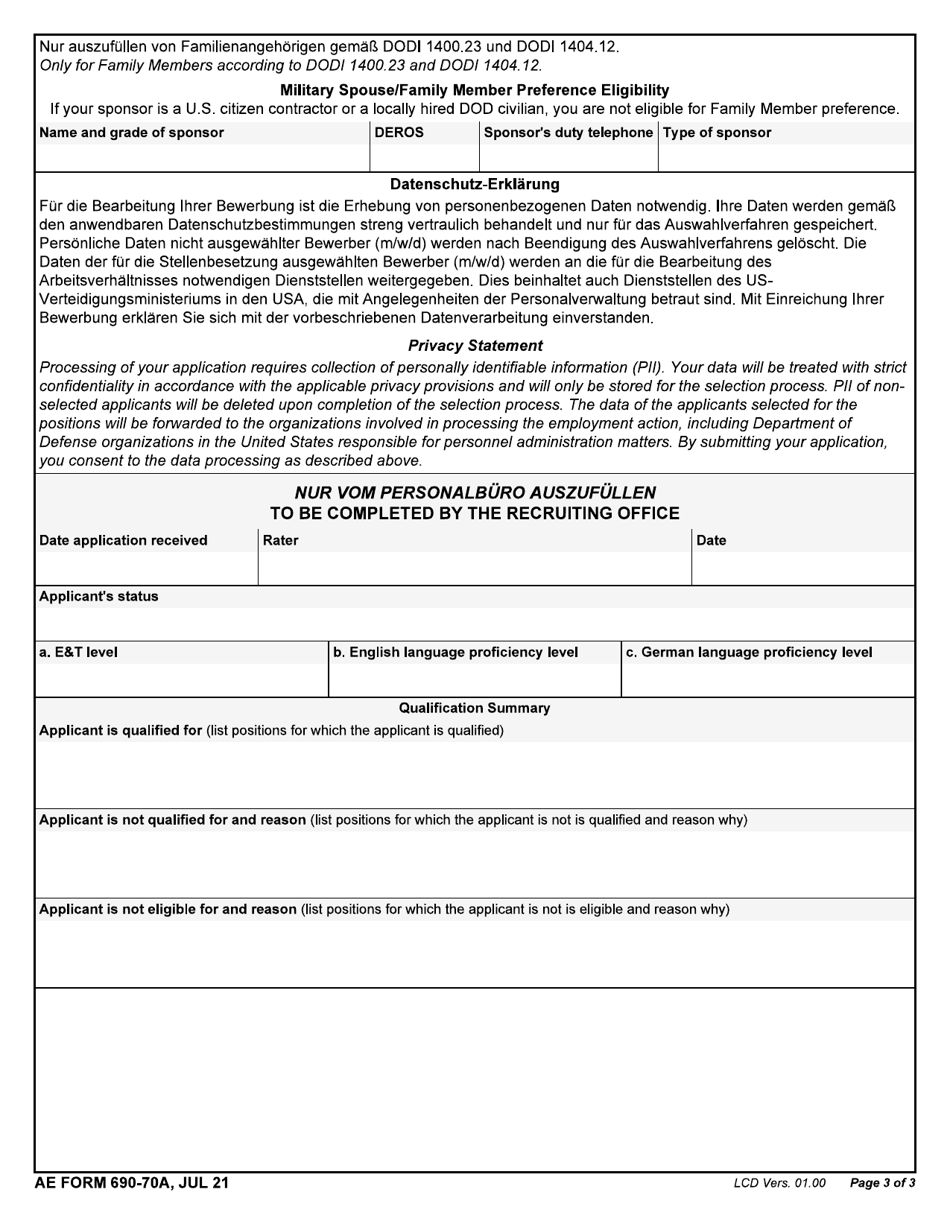 AE Form 690-70A Application (English / German), Page 3